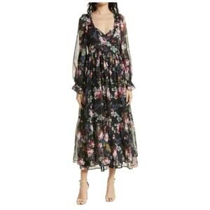 ByTimo Black Floral Chiffon Wrap Dress Long Sleeve Midi Women’s Size L